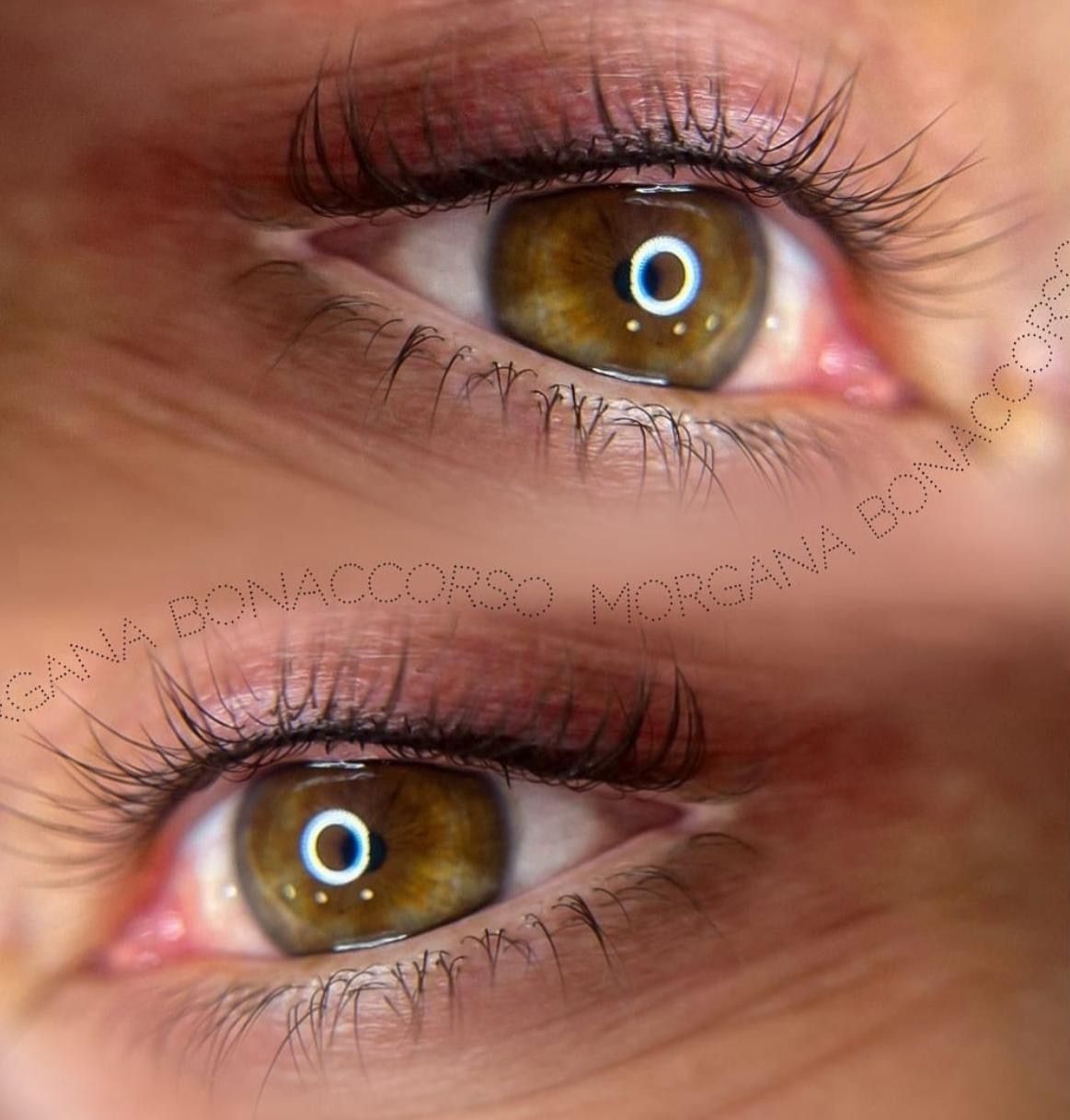 Eyeliner infracigliare: il pigmento tra le ciglia superiori, due occhi in primo piano